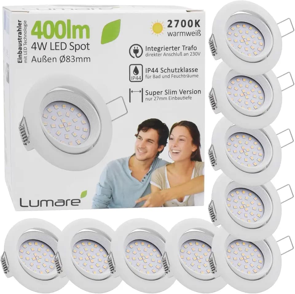 Lumare 9x LED-Einbaustrahler 4W 400 Lumen IP44 nur 27mm Extra Flache Einbautiefe LED-Lichtmodul austauschbarer Deckenstrahler AC 230V 120° Deckenleuchte Warmweiß Matt Bad