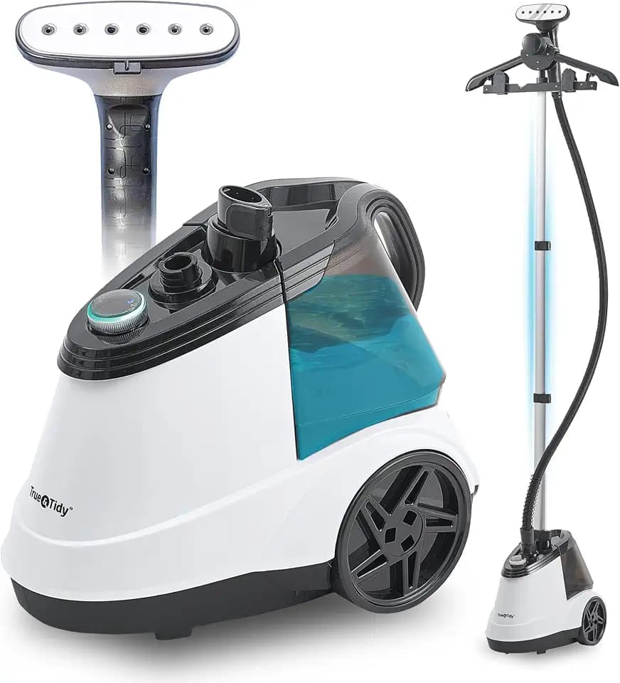 True & Tidy Heavy Duty Commercial Full Size Standing Garment Steamer for Clothes with Extra Large 3L (101 oz) Water Tank for 90+ mins of Steam Time, 1800 watts of Powerful Steam, 3 Settings, White