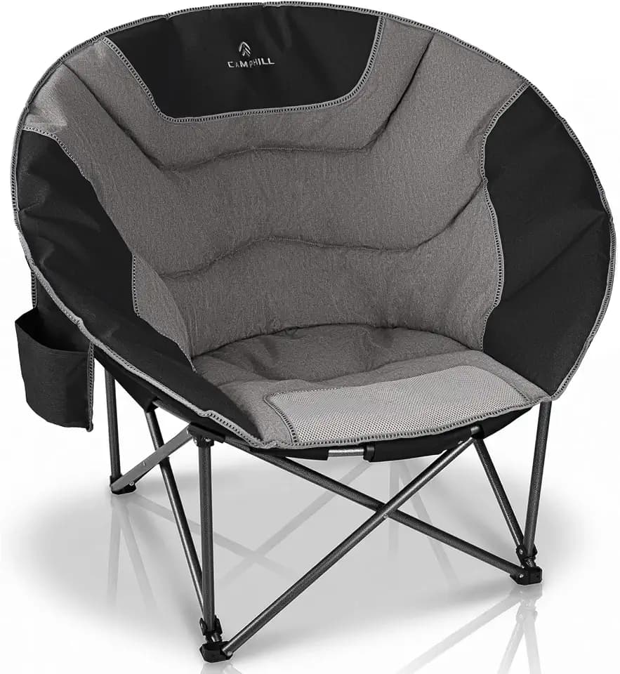 Oversized Camping Moon Chairs,Folding Round Padded Sofa Chair for Adults,Outdoor Lawn Chairs w/Side Pocket,Perfect for Indoor,Family Camping,Picnics and Garden,Black&Grey