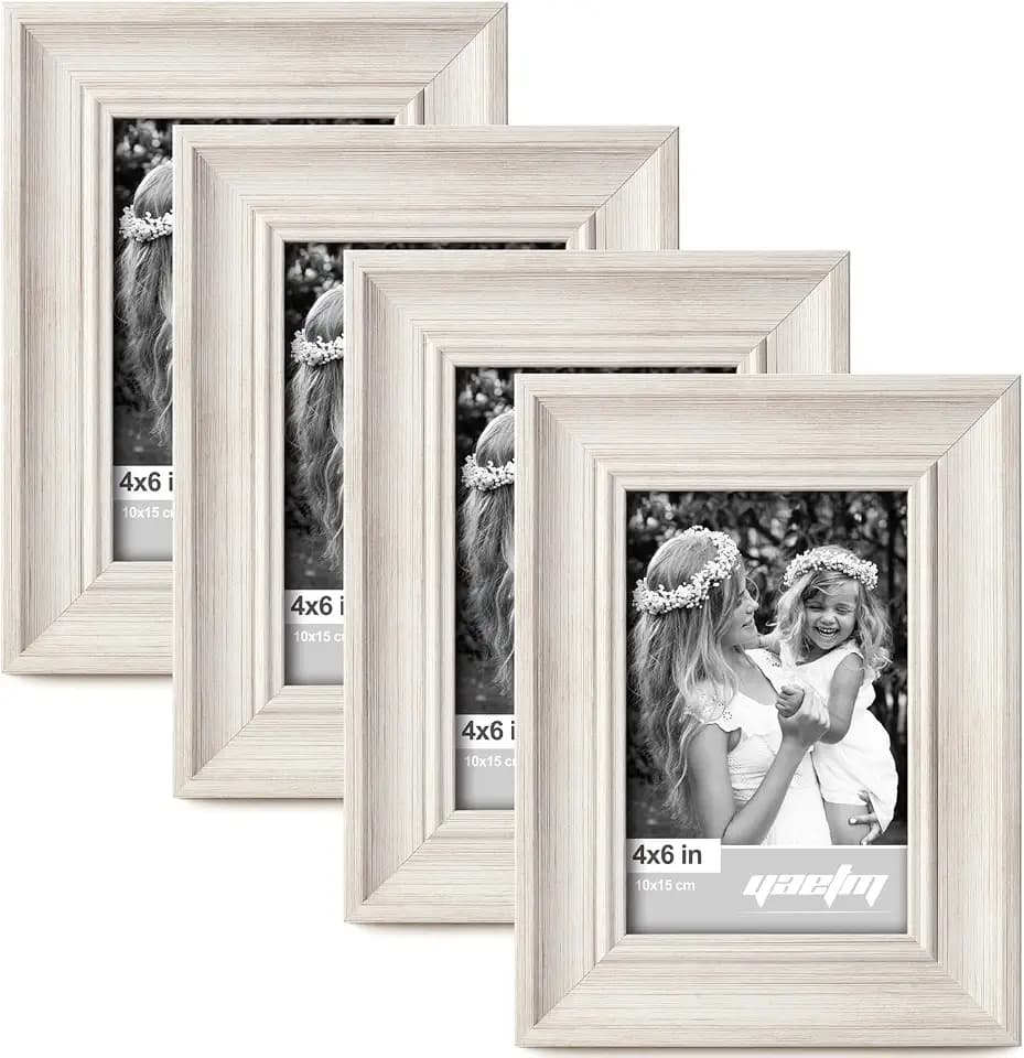Yaetm 4x6 Picture Frames, Rustic White, Tempered Glass Cover, 4 Pack