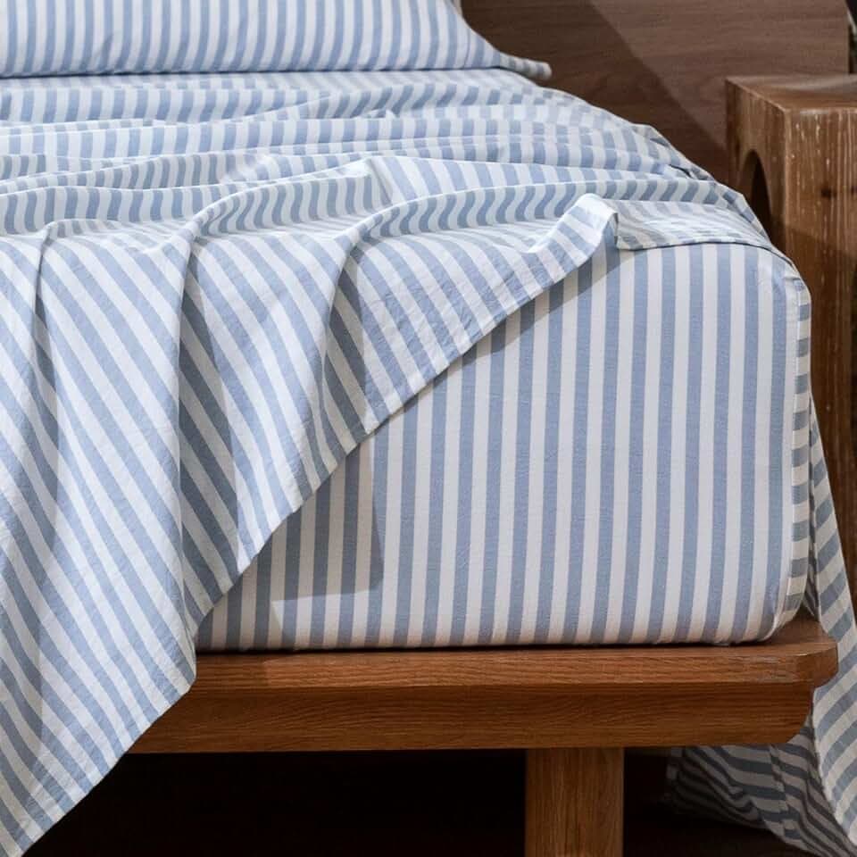 MOOMEE Striped Fitted Sheet Only Washed Cotton Linen-Like Deep Pocket King