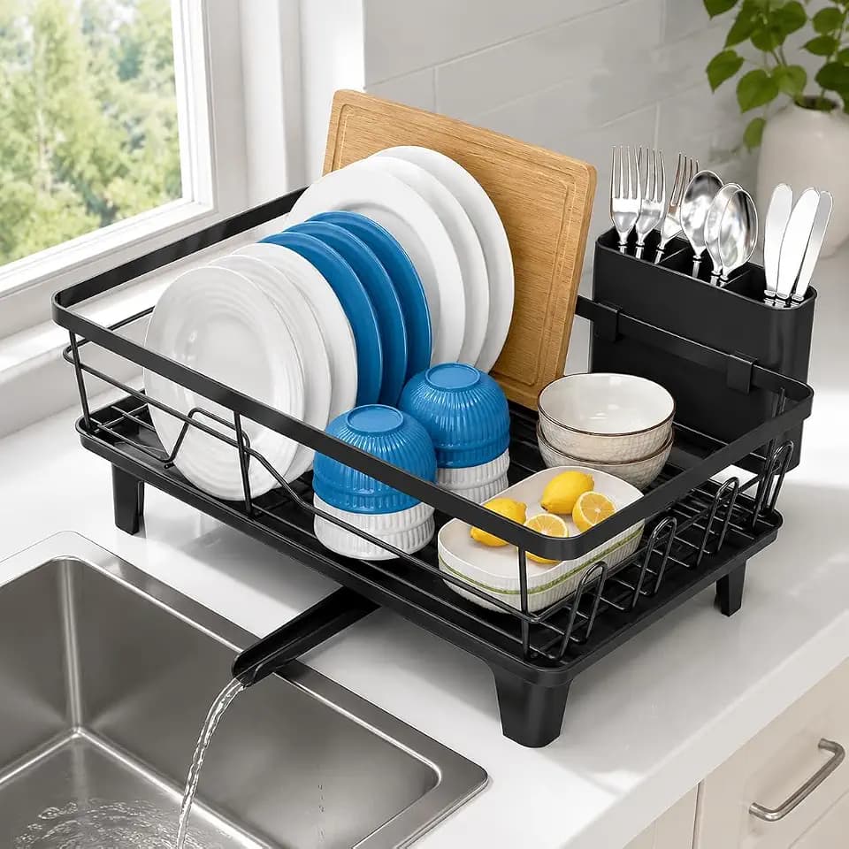 Dish Drying Rack with Drainboard, 360° Rotating Spout for Kitchen Counter