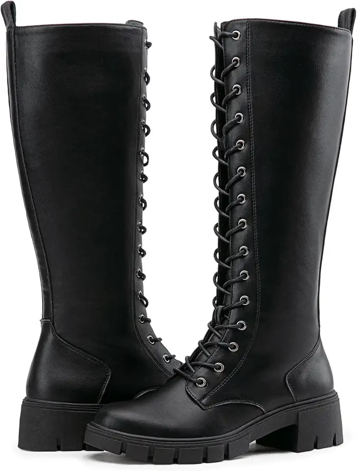 Vepose Women's Lace Up Platform Chunky Heel Knee High Combat Comfort Boots