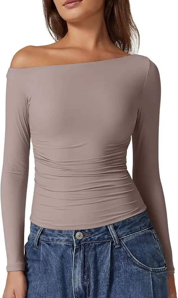 QINSEN Women's Sexy Off Shoulder Shirt Long Sleeve Double Lined Tops Side Ruched Fitted Tees