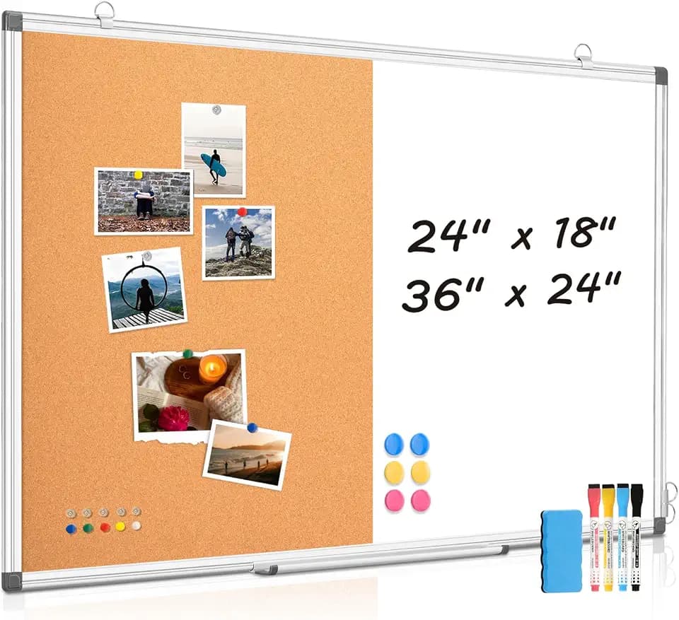 Magnetic Dry Erase White Board Cork Board Combo for Wall with Accessories