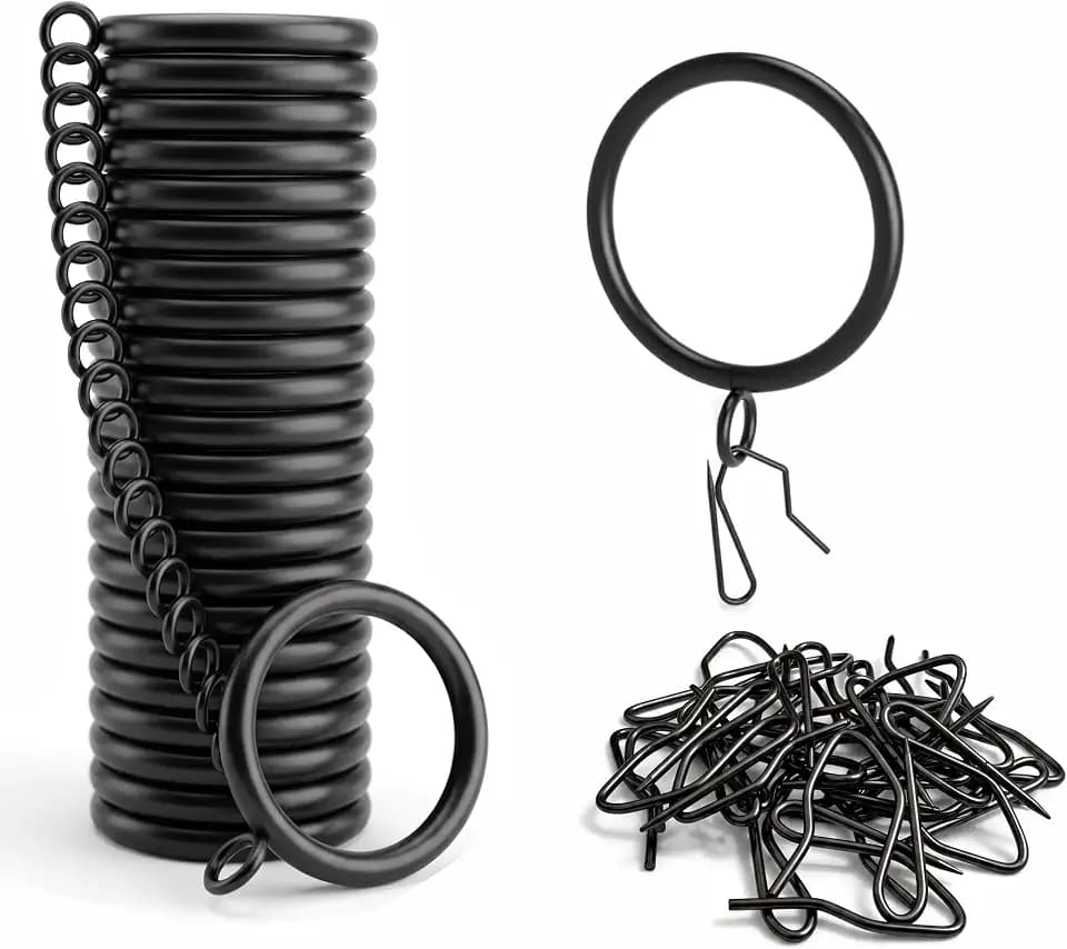 Curtain Rings with Pin Hook (40 Pack), 1.5” Inner Dia, Fits 1–1.25” Rods, Heavy Duty Metal Drapery Rings, Smooth Glide, No Snag, Complete Curtain Set (Black, 1.5 inch)