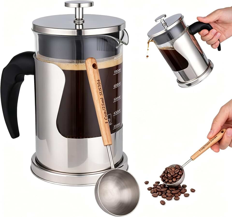 27 oz French Press Coffee Maker, Stainless Steel and Glass Coffee Press with Fine Mesh Filter, Manual Coffee Maker for Home, Office and Kitchen