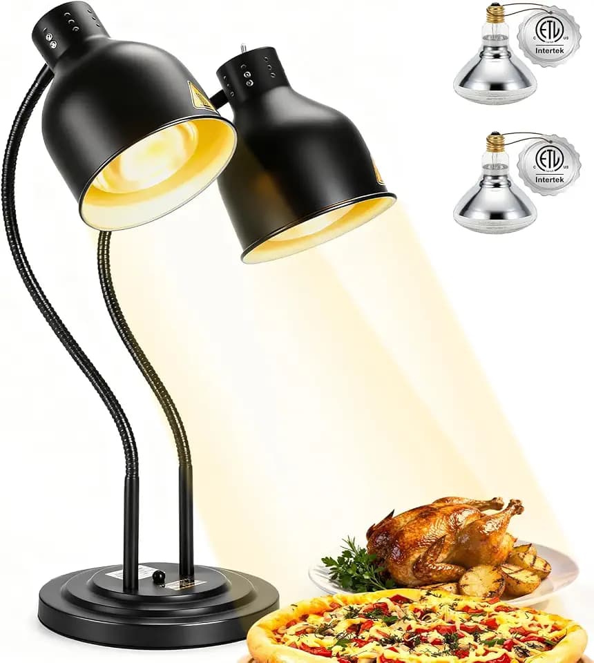2-Head Heat Lamp for Food - 500W Commercial Food Warmers, Black