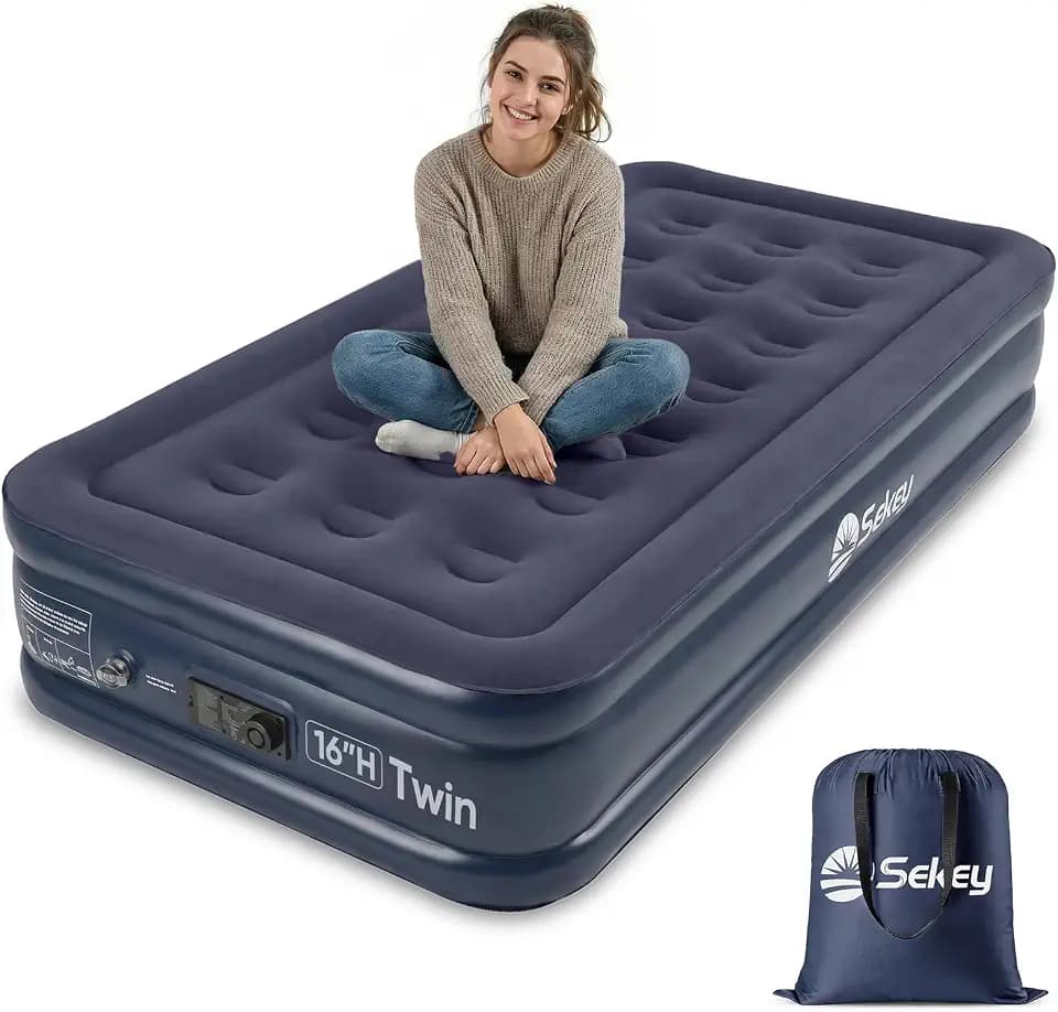Sekey Twin Air Mattress with Built in Pump, 16" Raised Compact Blow up Mattress, Inflatable Mattress for Camping Guest Home, Portable Travel Air Bed, 3-Min Quick Inflation Deflation, Colchon inflable