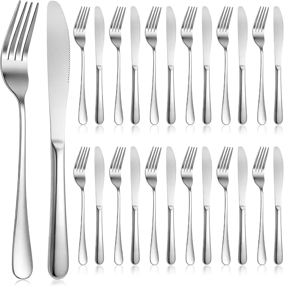 24 Pcs Stainless Steel Silverware Dinner Fork and Knife Set Dinner Forks and Knives Flatware Forks and Knives Set Tableware Cutlery-Set for Home Kitchen Restaurant (8.1X 1 Inch, 8 X 0.8 Inch)