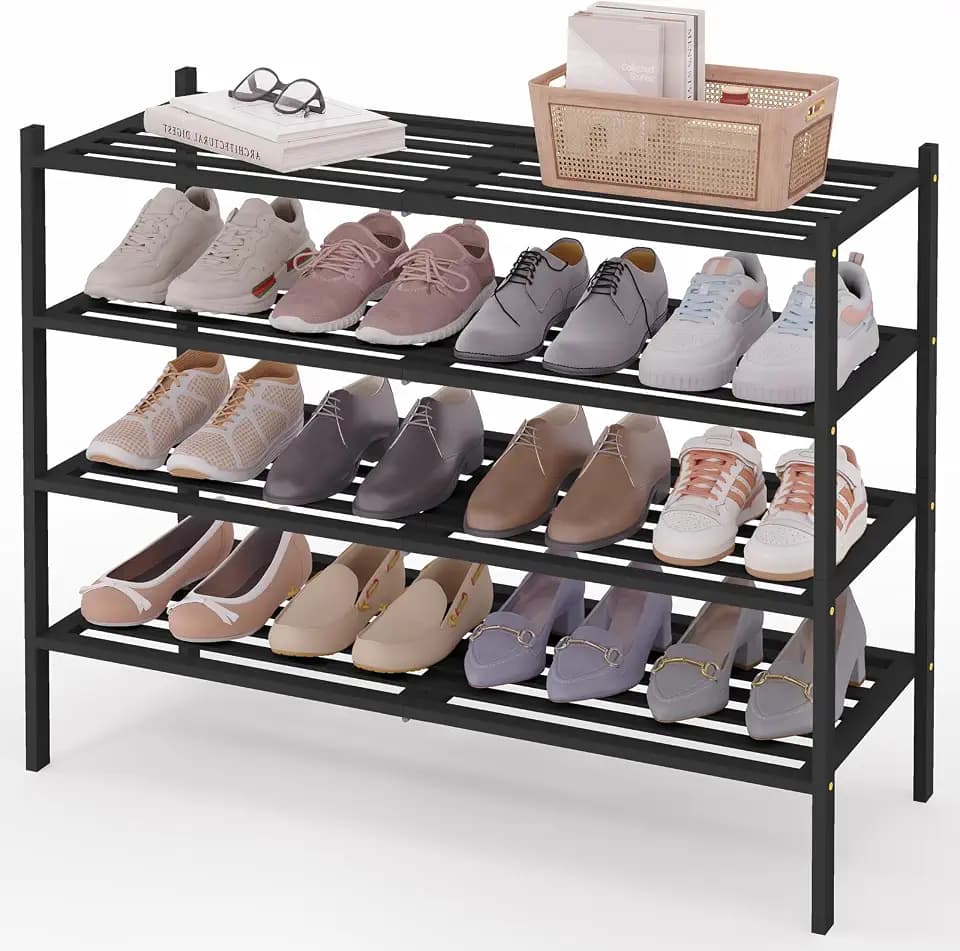 Smiry Bamboo Shoe Rack, 5 Horizontal Slats, 4 Tier - 33.9" Wide, Black