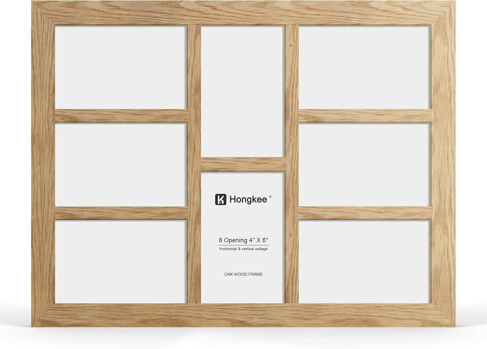 Hongkee 4x6 Oak Wood Picture Frame Collage, Real Glass and Solid Wooden Frames, Display Eight 4x6 Picture Frame - Horizontal or Vertical Wall Mounting(1Pack, Natural)
