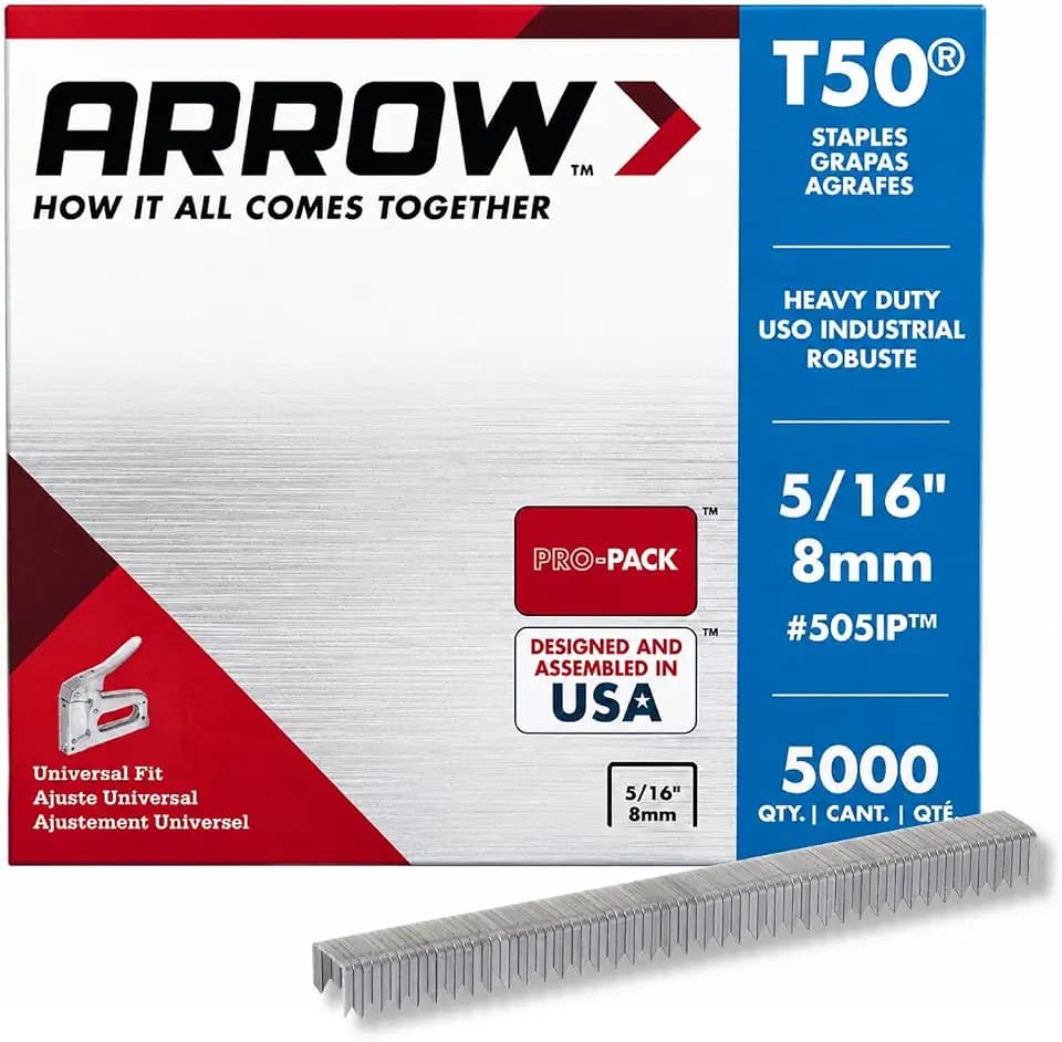 Arrow Fastener 505IP Heavy Duty T50 Staples for Upholstery, Construction, Furniture, Crafts, 3/8-Inch Crown Size, 5/16-Inch Leg Length, 5000-Pack, Made in the USA