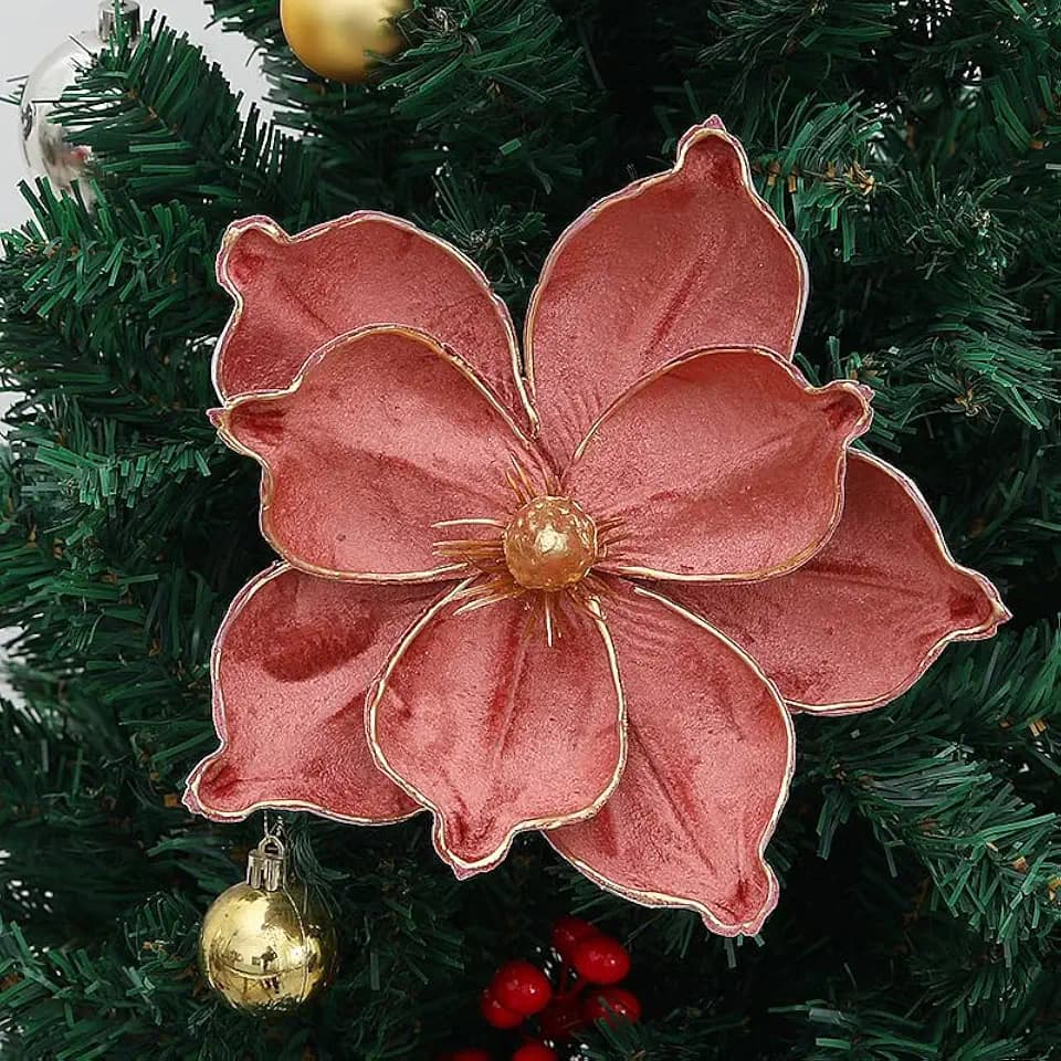 6Pcs Christmas Party Magnolia Flowers for Tree Artificial Poinsettia Flower Fake Magnolia Flower with Stems Floral Picks for Xmas Tree Wreath Wedding Party DIY Crafts (Pink)