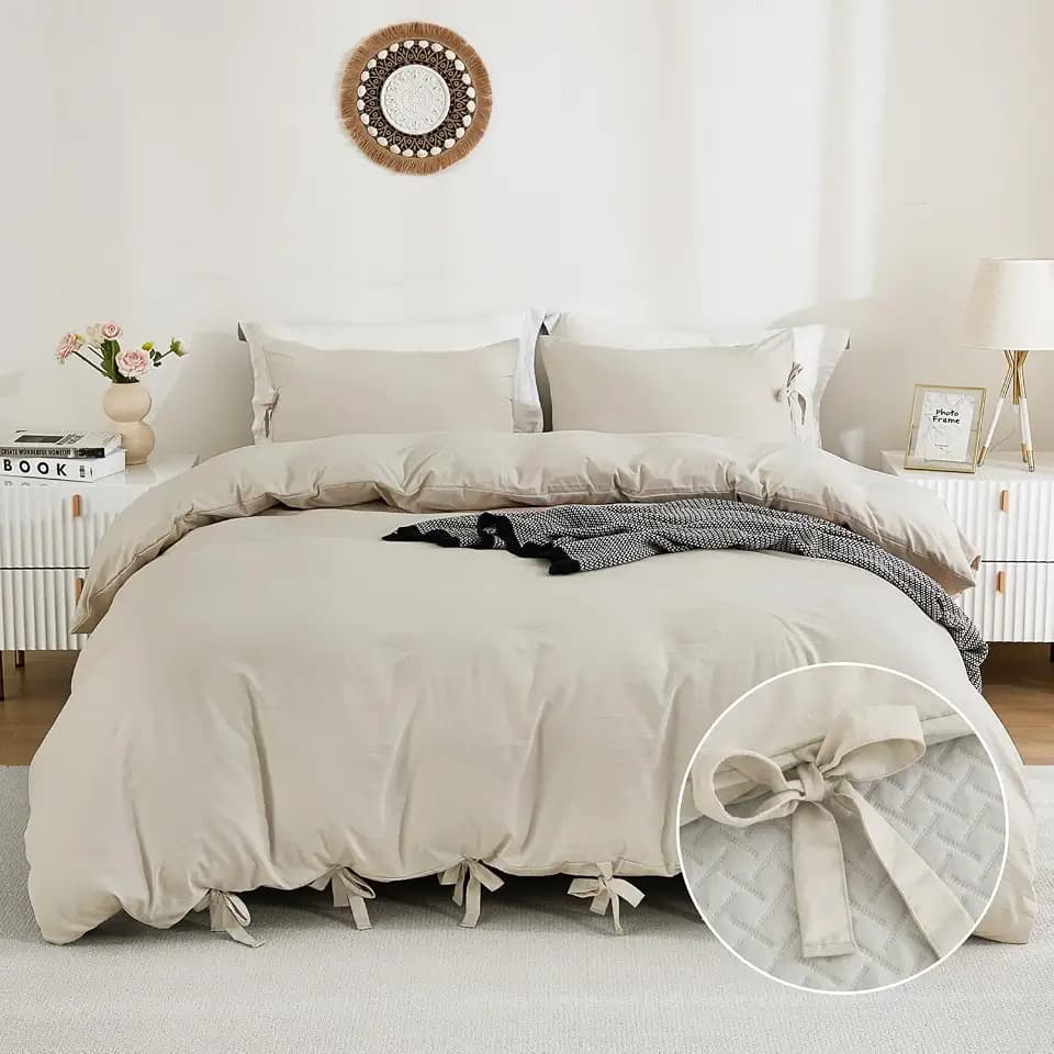 annadaif Beige Duvet Cover Queen Size, 3 Pieces Duvet Cover Set