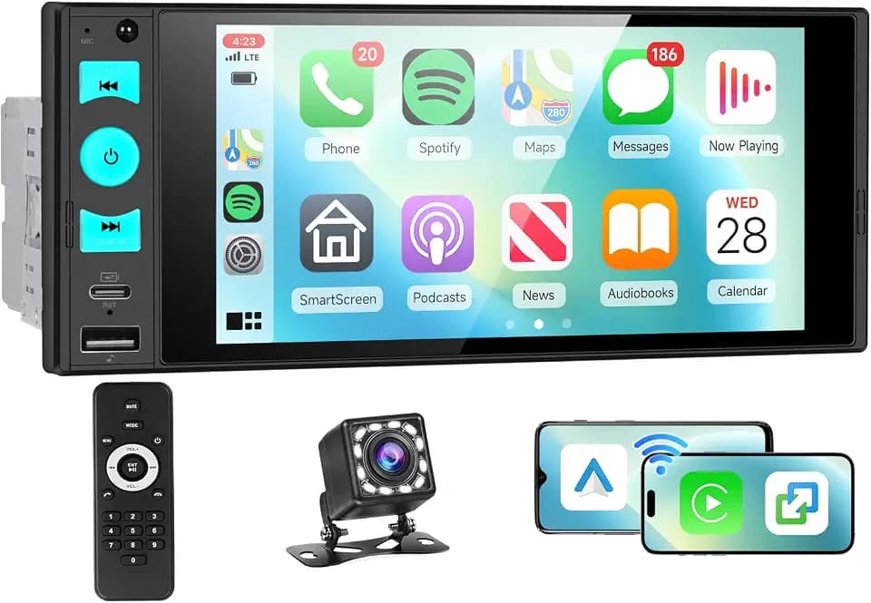 Hodozzy 1 Din Autoradio mit Wireless CarPlay Android Auto Mirror Link, 6 Zoll Incell Touchscreen Radio Bildschirm 1 Din mit Bluetooth 5.2, FM, EQ, SWC, Farbigem Hintergrundlicht, USB/Typ C, Kamera