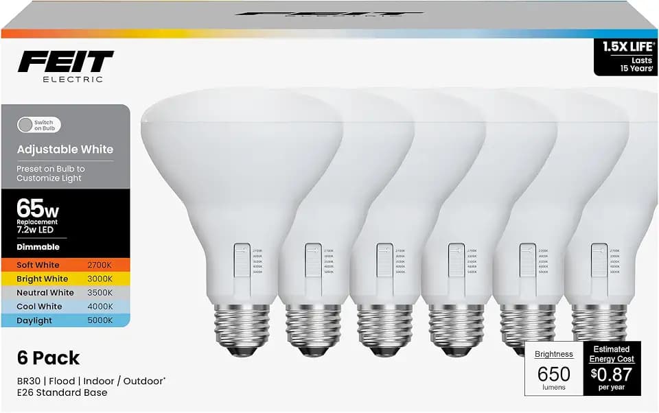 Feit Electric BR30 LED Light Bulbs, 65W Eq, Dimmable, 5CCT, 6 Pack