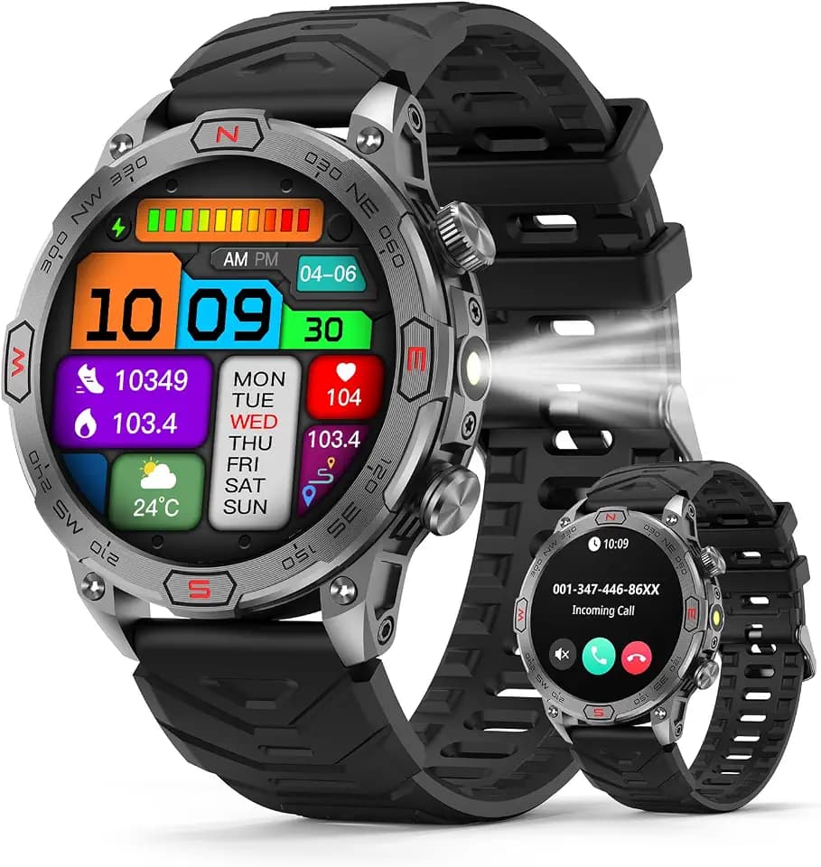 Smartwatch Herren Damen mit LED Taschenlampe, 1,43 Zoll AMOLED-Display, Outdoor Smartwatch mit Kompass/Höhen/Luftdruckfunktion, Wasserdichte Sportuhr mit Herzfrequenz-Schlafmonitor für iOS Android