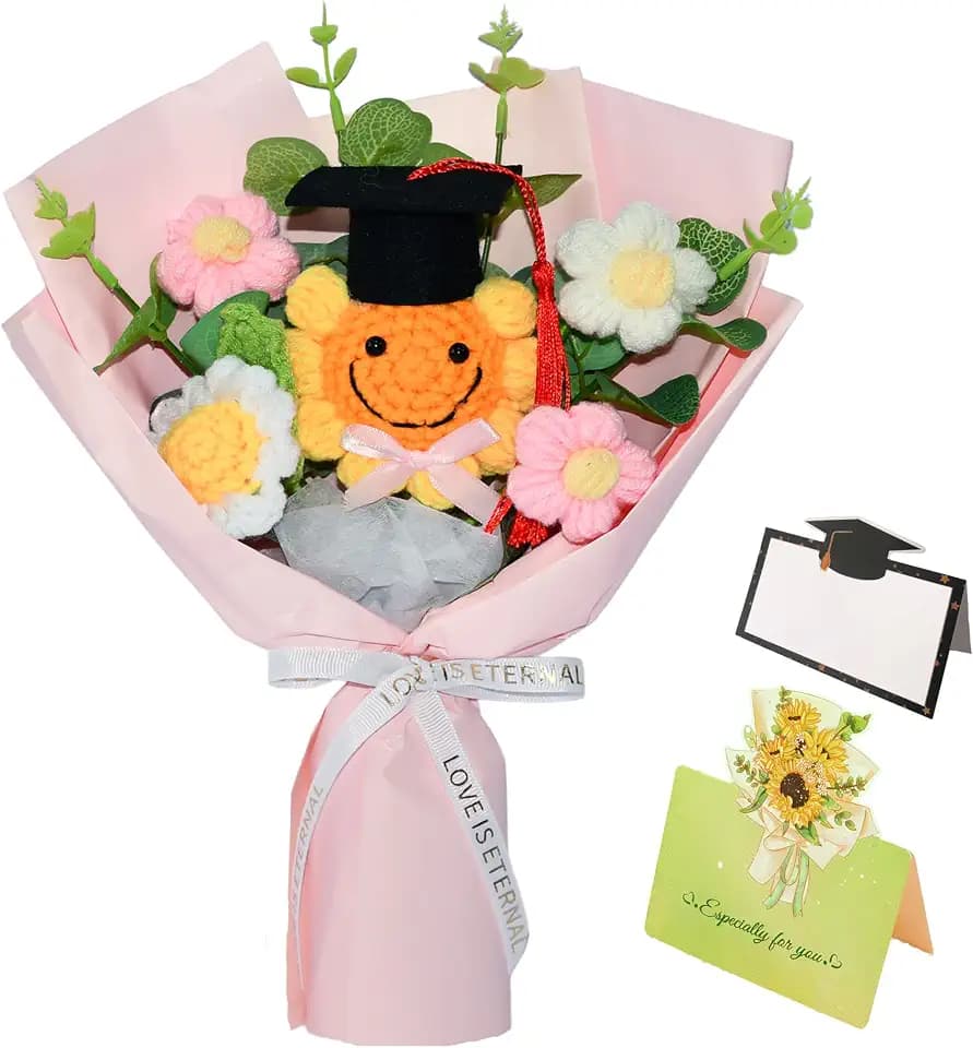 Crochet Flower Bouquet,Handmade Graduation Knitted Sunflowers Bouquet for Graduation Class of 2026, Crocheted Bouquet for Friends Teacher's Day Anniversary Birthday Gifts