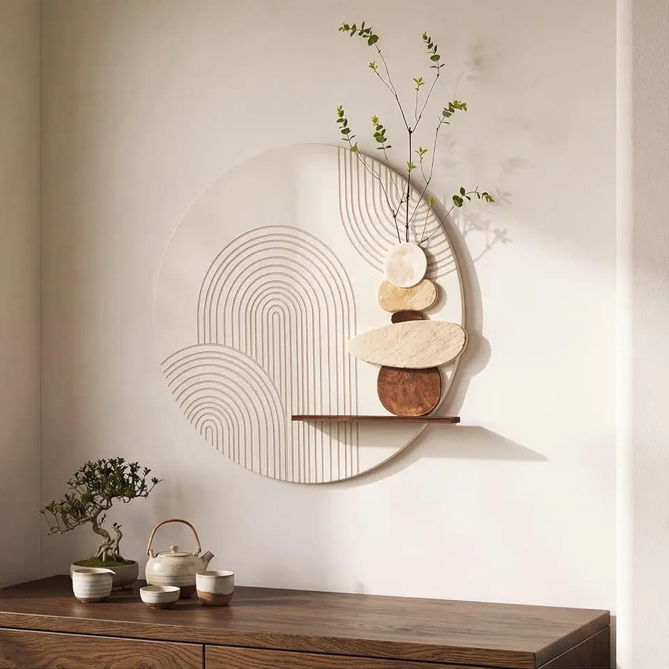 Briwooody 3D Textured Neutral Abstract Wall Art Decor with Shelf 24x24 Inch