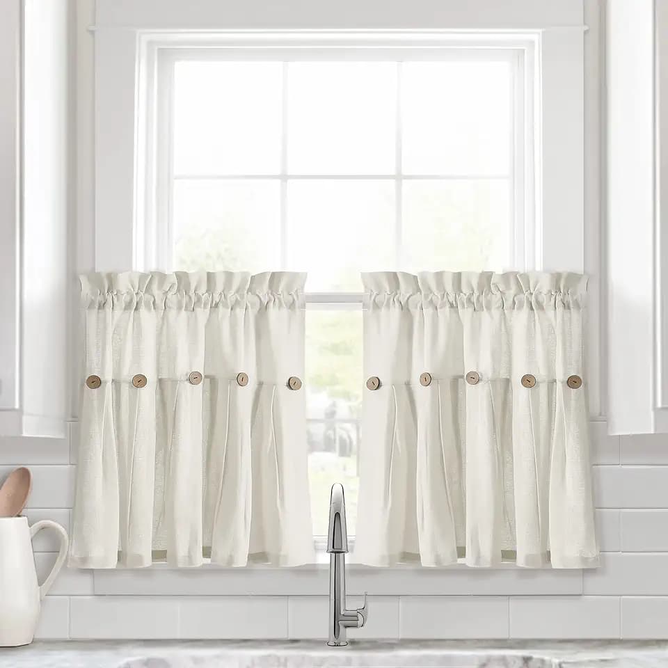 Lush Decor Linen Button Farmhouse Kitchen Curtains Tier Set 29"W x 24"L Off White - Linen Cafe Curtains Farmhouse - Modern Farmhouse Decor