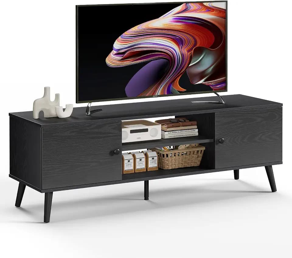 DUMOS TV Stand for 55 60 inch TV, Modern Mid Century Entertainment Center with Storage, Wooden Media Console Table with 2 Cabinets, for Living Room, Bedroom, Black