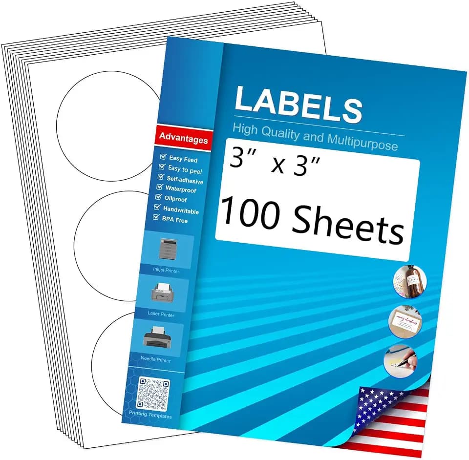 3" Round Blank Printable Labels, Adhesive Circles for Inkjet Printing | 6 Per Sheet, Matte White (Pack of 100), HB-C006