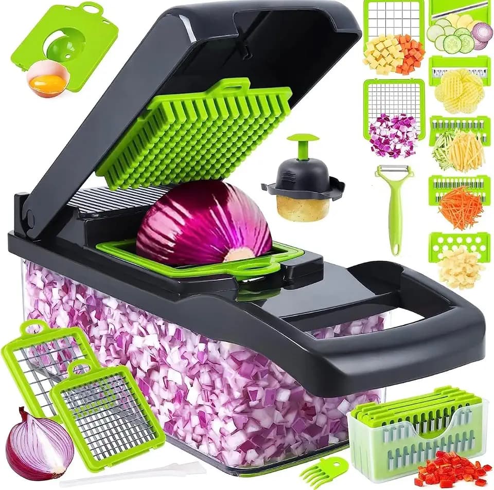 Vegetable Chopper Mandoline, Onion Chopper 16 in 1 Multifunctional Food Chopper with 9 Blades Slicer Dicer Cutter & Dicing Machine with Container in Grey and Green Colour