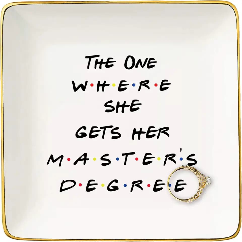 Unique Masters Degree Gift for Grad Student-MBA Graduation Gifts for Best Friend Daughter Cousin Sister-The One Where She Gets Her Master's Degree-Ceramic Jewelry Holder Ring Dish Trinket Tray