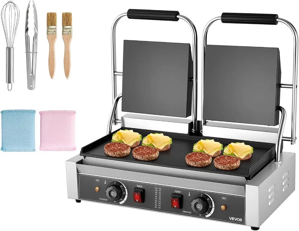 VEVOR Commercial Panini Grill, 3600W Electric Sandwich Panini Maker, Stainless Steel Double Sandwichs Press with Handle and Temp Control, 19x9 in Full Flat Enamel Plate, for Hamburger Steak Bacon
