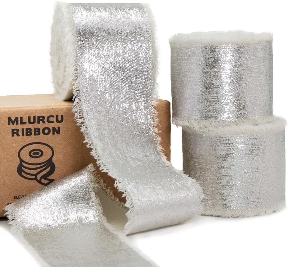Champagne Chiffon Silver Silk Ribbon 1.5 Inch x 21 Yds Handmade Fringe Frayed Ribbon Glitter Fabric Ribbon for Flower Bouquet Gift Wrapping DIY Crafts Wedding Bridal Shower