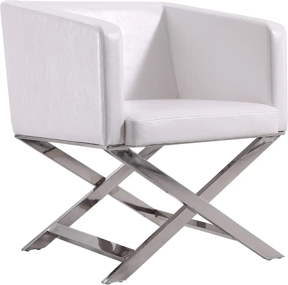 Manhattan Comfort Hollywood Lounge Accent Chair Set of 1, Vegan Leather Upholstered Armchair with Polished Chrome Finish, Modern Design, Hand-Welded X-Shaped Legs, Fully Assembled, Set of 1, White