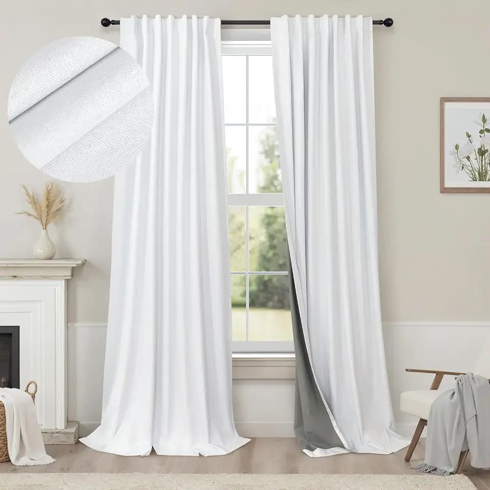 Blackout Curtains 108 Inch Long 2 Panels Burg Sound Curtains Noise Reducing Heavy Drapes 108 Inches Length Faux Linen Farmhouse Floor to Ceiling Curtain for Living Room Office Back Tab 9 ft Tall White