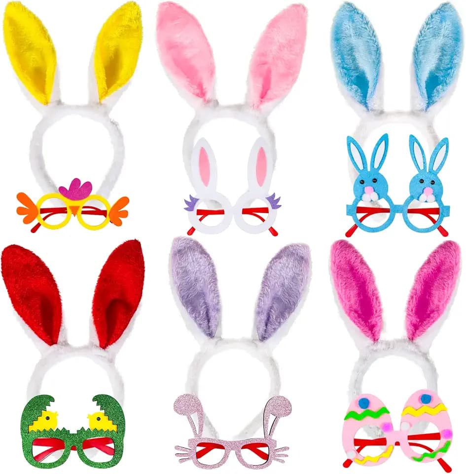 MGparty 12PCS Easter Headbands and Glasses Frame Set Easter Bunny Ears Rabbit Chick Eggs Party Favor Decorations Supplies Photo Booth for Kids and Adults