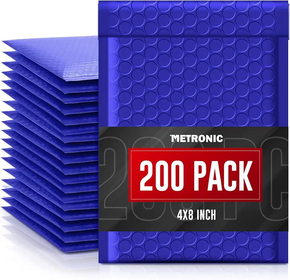 METRONIC Small Bubble Mailers 4x8 200 Pack Waterproof Blue Padded Envelopes
