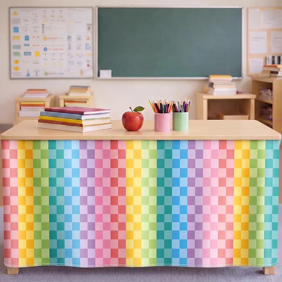 Fanfanwin 9 ft Checkered Table Skirt for Teacher Colorful Bookshelf Desk Skirt Skirts for Classroom Rectangular Tablecloth for Back to School Decor Office Bookcase Cabinet Supplies