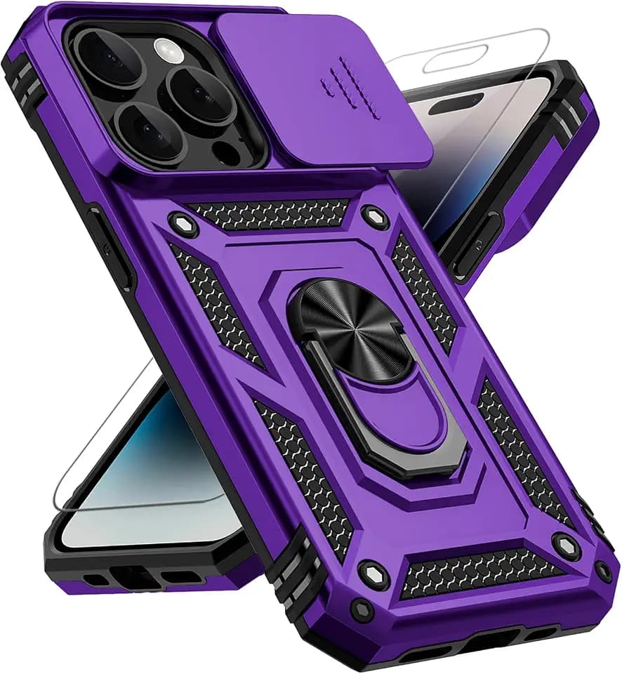 for iPhone 14 Pro Case, with Slide Camera Cover HD Screen Protector 360° Rotable Ring Holder Kickstand Military Grade Protection 15ft Drop Tested Protective Phone Case for iPhone 14 Pro (Purple)
