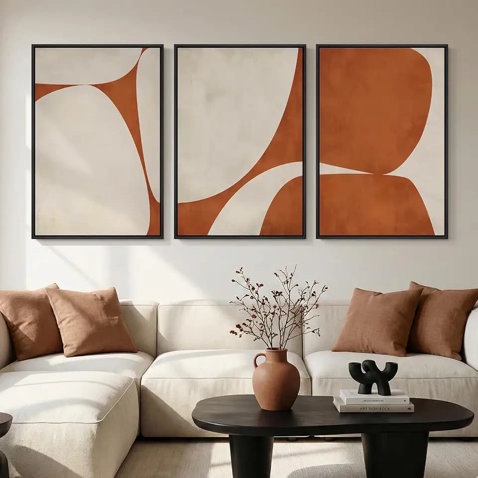 Large Framed Beige Orange Abstract Wall Art for Living Room, 3 Piece 24x36