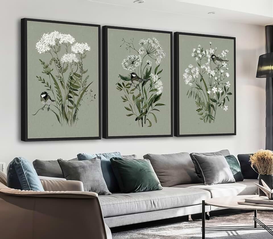 Muted Sage Green Floral Wall Art, White Flower Sparrow Prints, 16"x24"x3