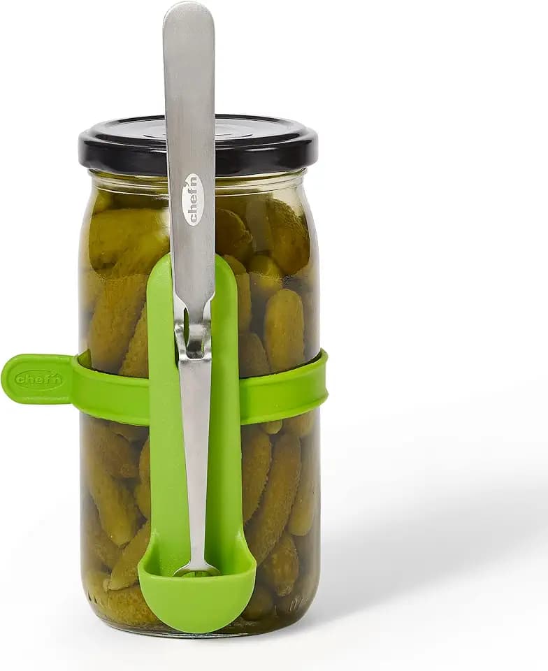 Chef’n FridgeFork Pro Squeeze n’ Hold Condiment Fork – 2-in-1 Fork and Tongs with Integrated Storage Caddy – Mess-Free Tool for Pickles, Olives, and More – Ideal for Charcuterie and Snacking