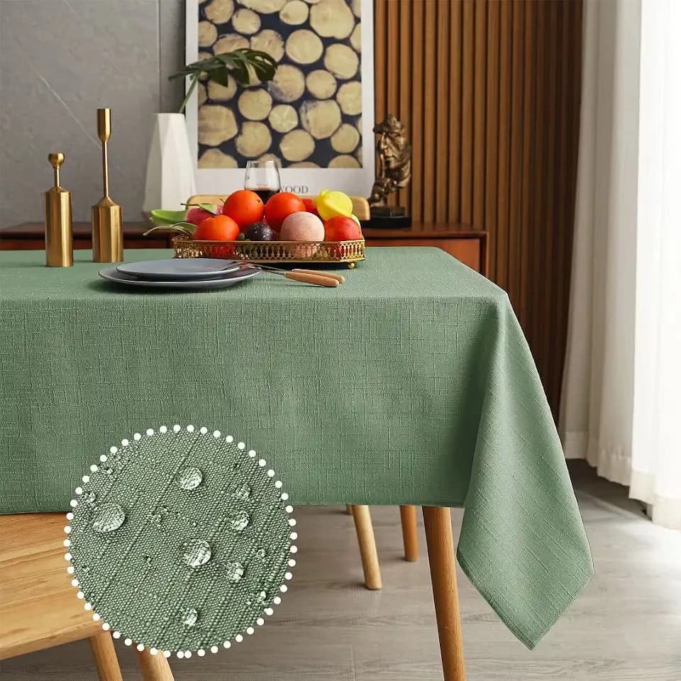 MikiUp Faux Linen Rectangle Tablecloth - Waterproof and Washable Slubby Textured Weaves Table Cloth, Indoor & Outdoor Table Cover for Kitchen Party and Banquets, Green 58 x 102 Inch