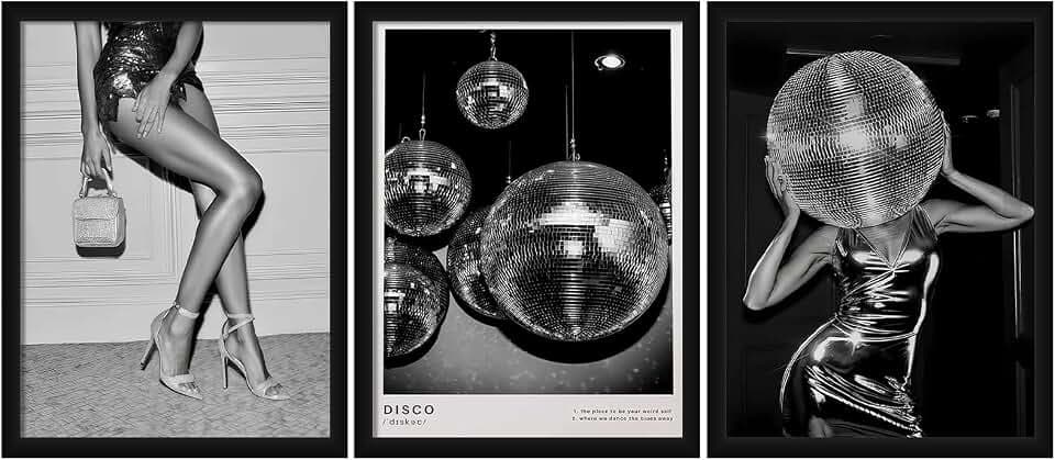 Black and White Fashion Wall Art Set of 3, Framed Canvas Prints with Solid Wood,Modern Glam Disco Ball, and Party Scene,Acrylic Covered Picture Painting for Living Room Bedroom Officen Hotel Studio 8x10IN