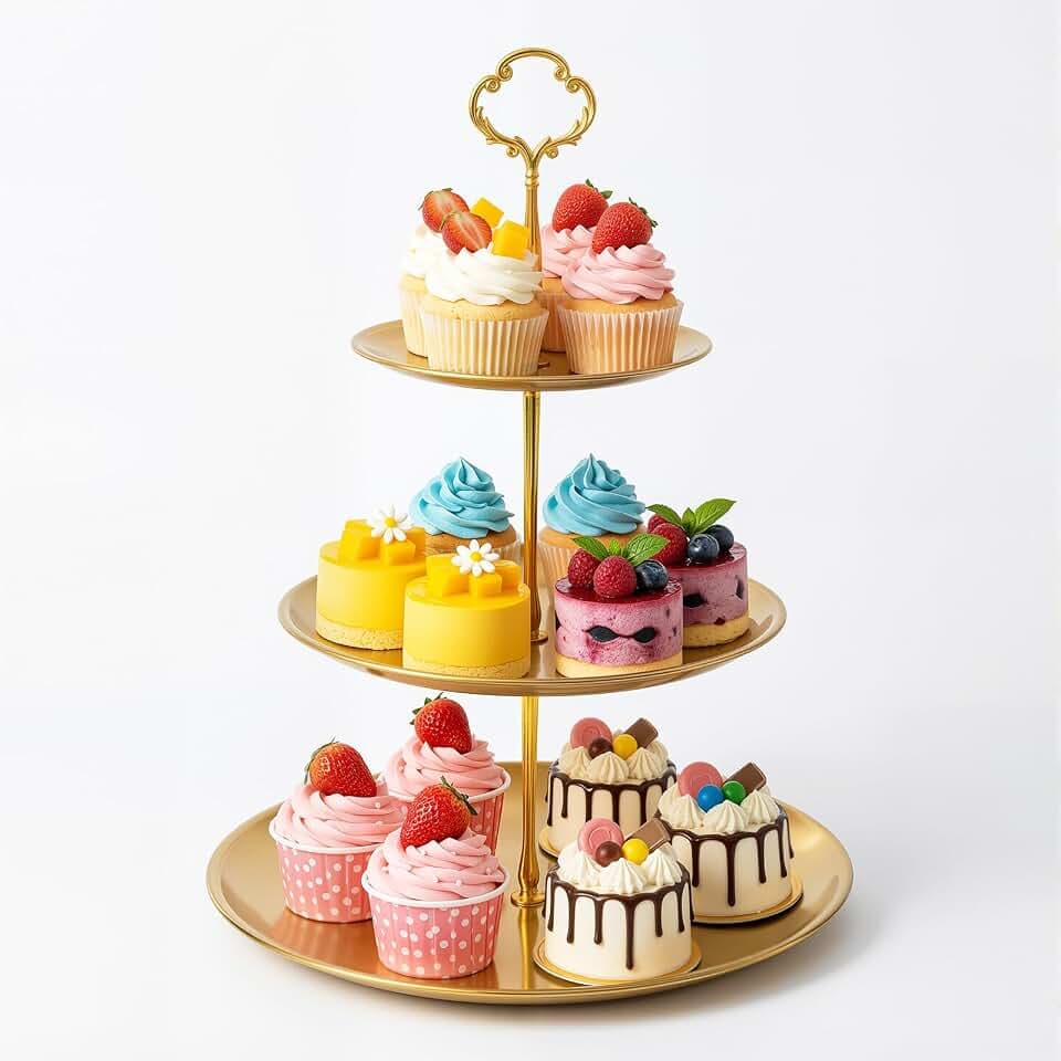 gold cupcake stand, 3-Tier Stainless Steel, Detachable, 4 Foot Pads