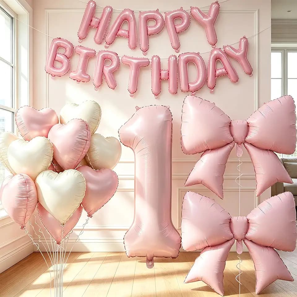 40 Inch Dusty Pink Number 1 Balloon for 1st Birthday Girl, Large Foil Balloon Set with Bow Balloons Happy Birthday Banner Blush Pink Cream Heart Balloons for Girls Boho One Year Old Bday Party Decor
