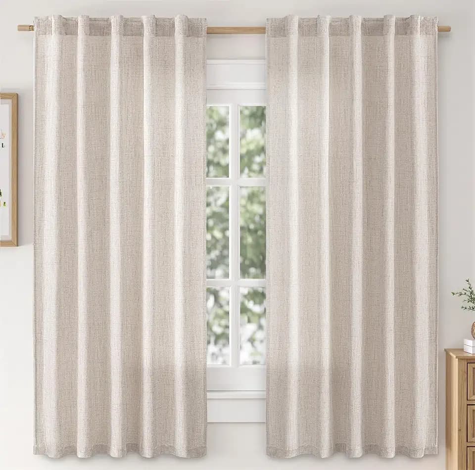 MIULEE Faux Linen Curtains 63 Inch Length 2 Panels Natural Beige Semi Sheer Curtain with Back Tab Rod Pocket, Light Filtering Window Privacy Burlap Drapes for Living Room Bedroom 42W x 63L