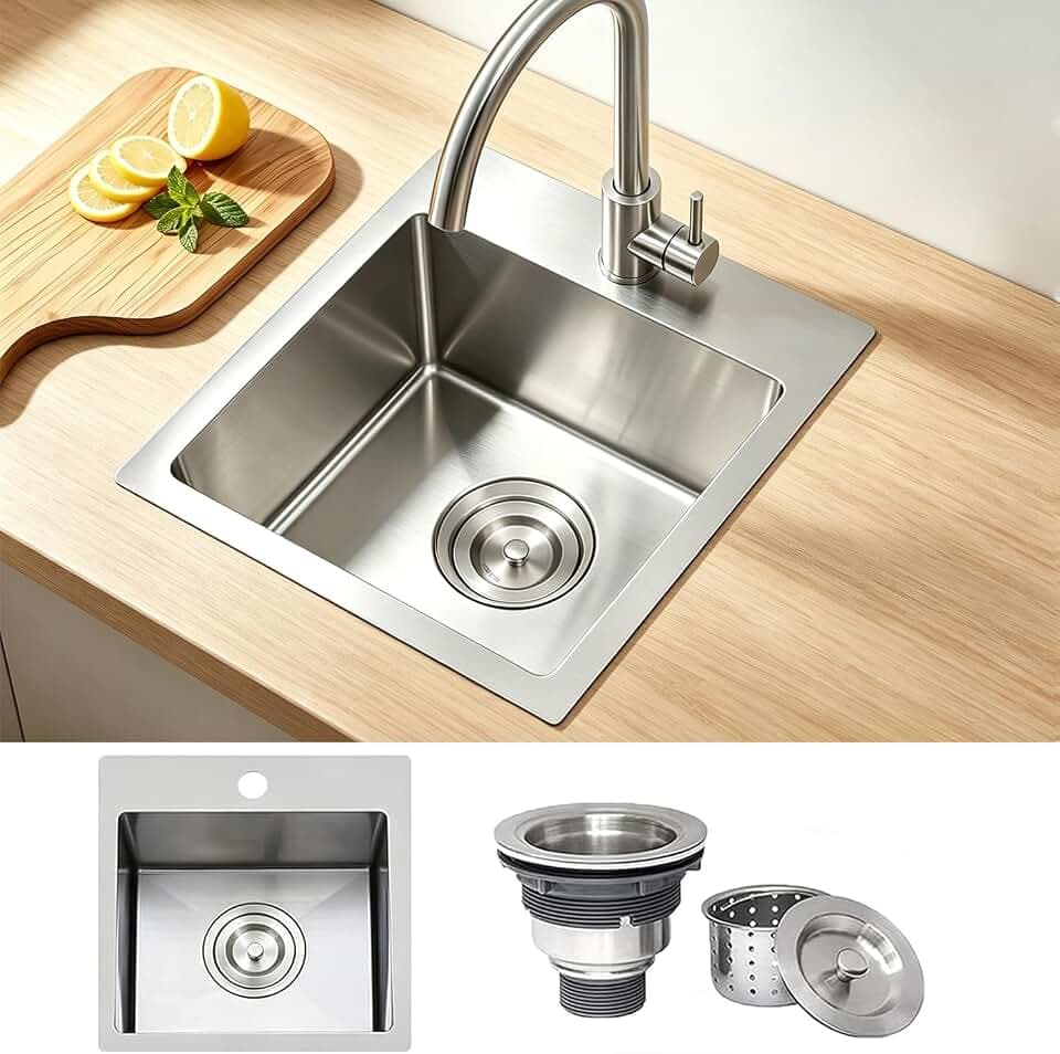 KINGO HOME Drop In Bar Sink,15 x 15 Inch Topmount RV 16 Gauge Stainless Steel Single Bowl Small Kitchen Sink,Outdoor Handmade Stainless Steel Wet Bar Perp Sink with Drain