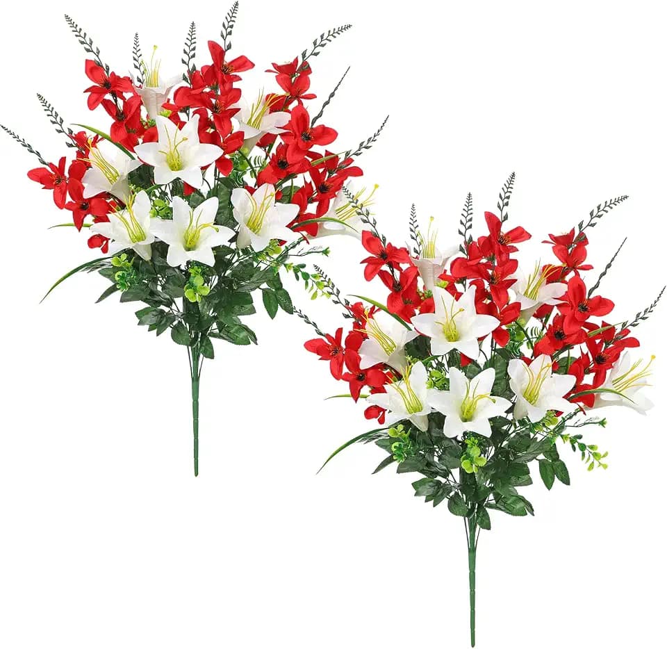 Cemetery Flowers 2pack Cemetery Decorations for Grave Funeral Flowers Artificial Lily Gladiolus Cemetery Flowers for Grave Graveyard Memorial Flowers for Gravesite Cemetery Headstones -Red and White