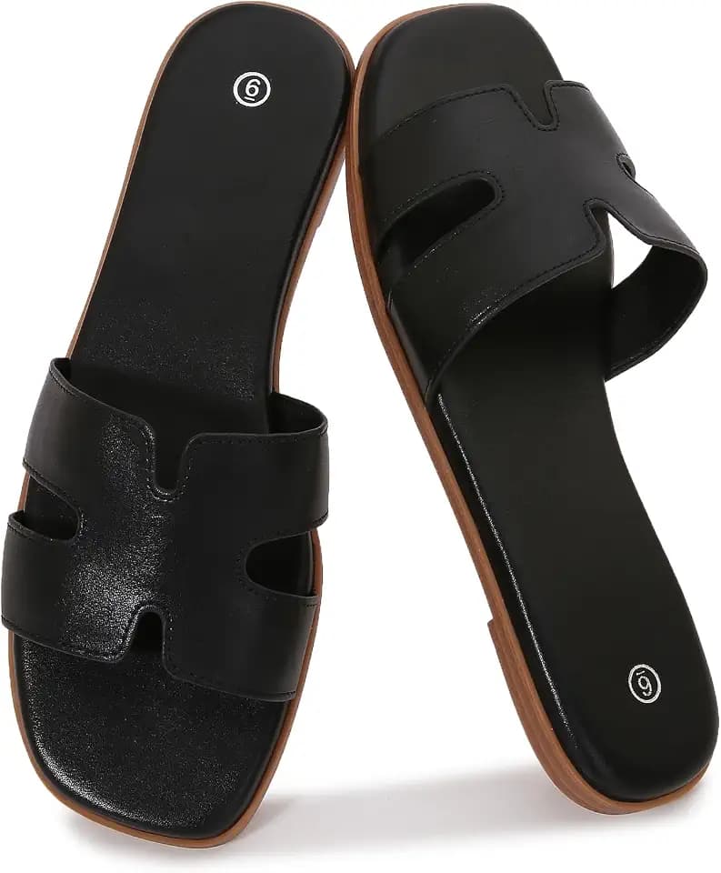 Women's Slide Sandals Comfortable Flat Slip On Leather Sandals