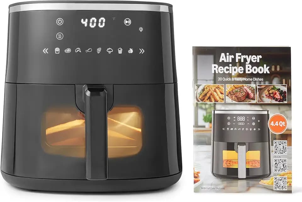 Amazon Basics 4.4-Quart Digital Air Fryer with Easy View Window, 8 Preset Menus, Digital Touch Controls, 140°F-400°F Temperature Range, 1400W, Black