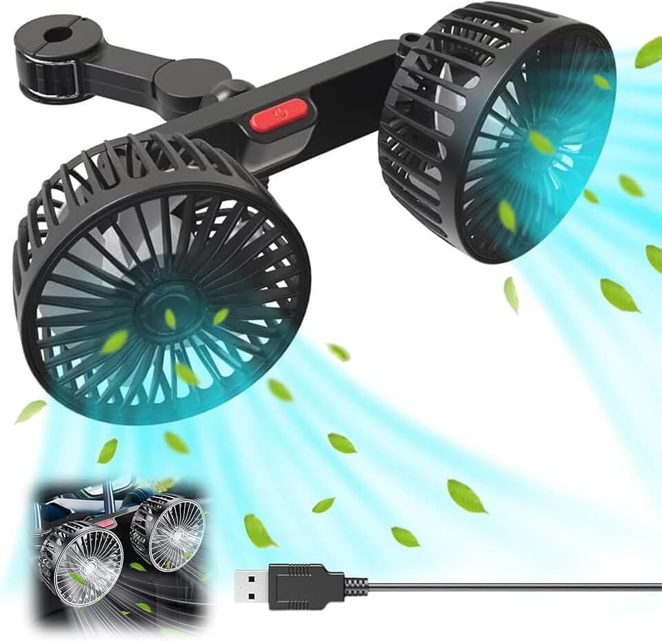 Auto Tragbare 360 °Drehbarer Ventilator, USB-Lüfter, 5V Doppellüfter, Autolüfter mit 3 Geschwindigkeiten, LKWs, SUV